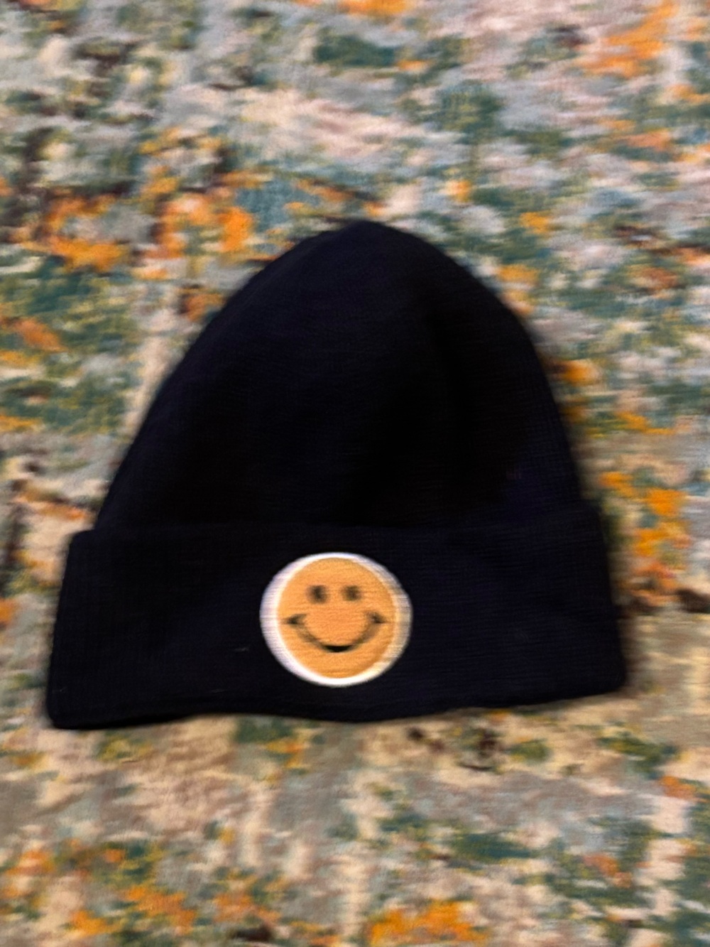 Black Beanie Hat with Smiley Patch